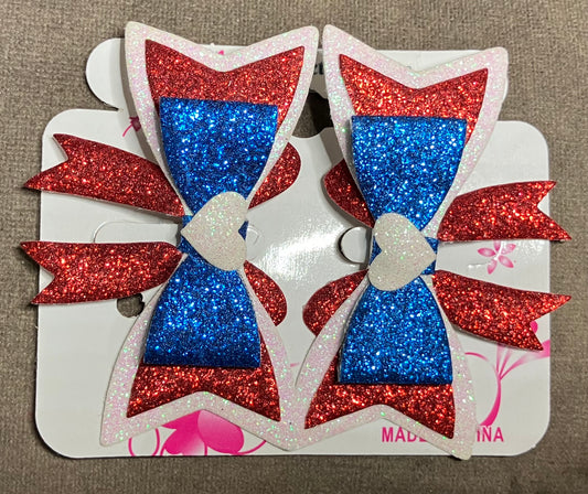 Patriotic Synthetic Leather Hair Bows Med 4-Layer Glitter with Tails Red White Blue