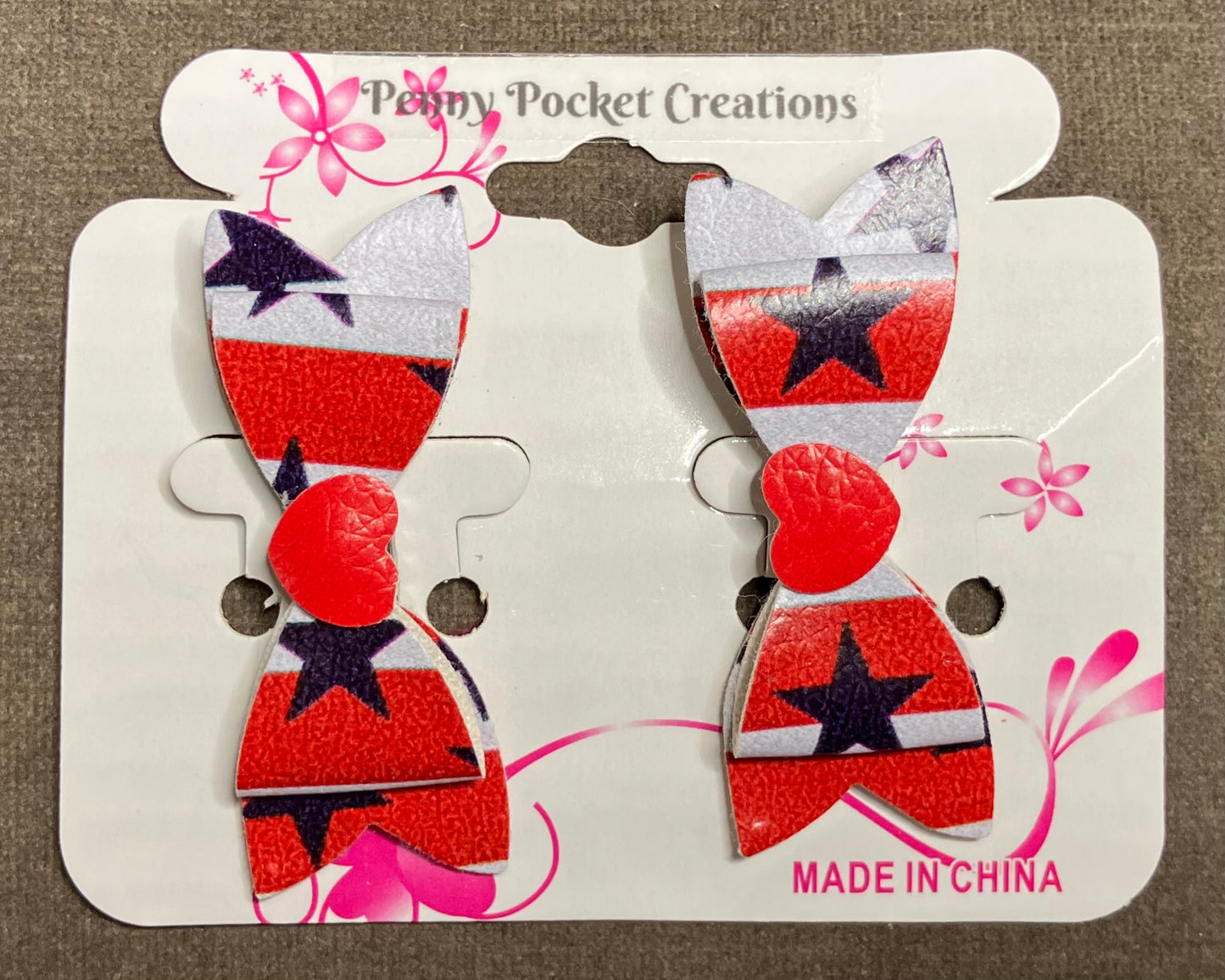 Patriotic Synthetic Leather Hair Bows Med Basic 2-Layer Wide stripes Red Heart