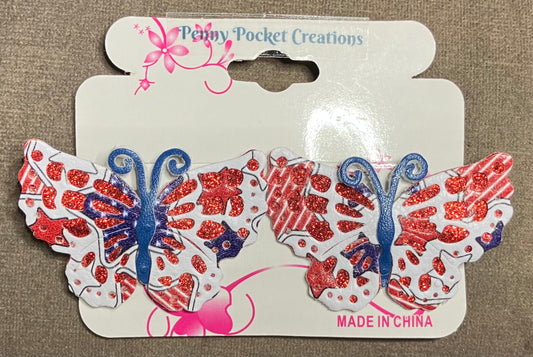 Patriotic Synthetic Leather Lg Butterfly Hair Clips White patterned over Red Glitter