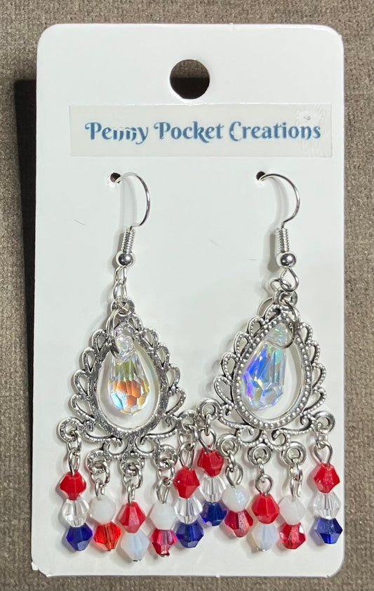 Patriotic Dangle Earrings Hollow Teardrop Charm Crystal Inset RWB Bicone
