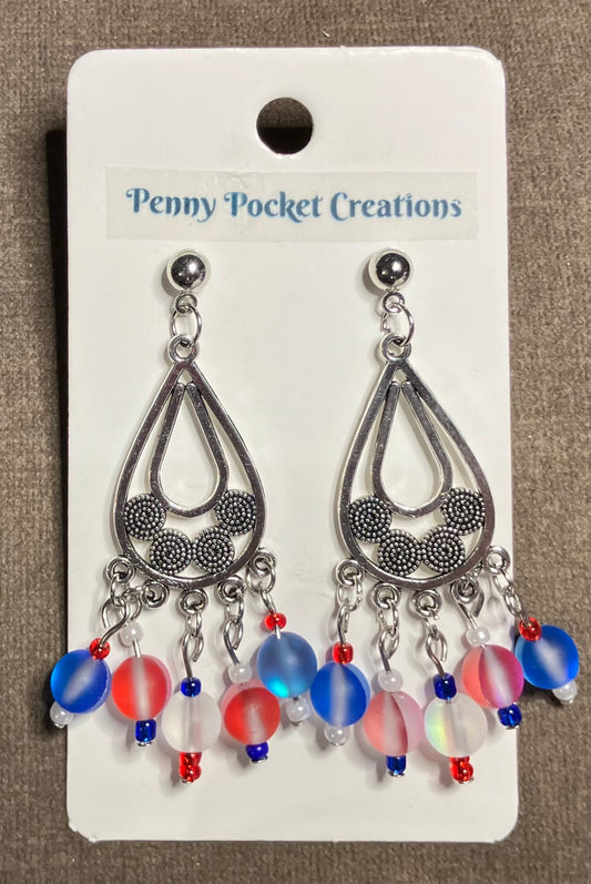 Patriotic Dangle Earrings Hollow Teardrop RWB Moonstone Beads Silvery Ball Post