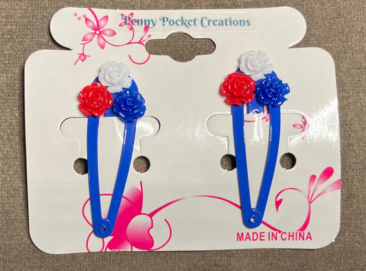 Patriotic Hair Clips Red White Blue Resin Flowers, 2 options