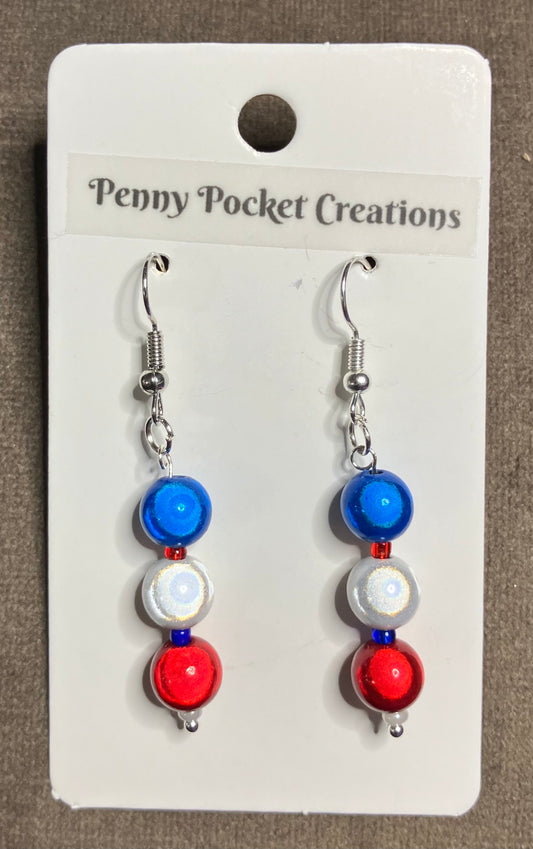 Patriotic Dangle Earrings 3-Bead Glossy Red White Blue