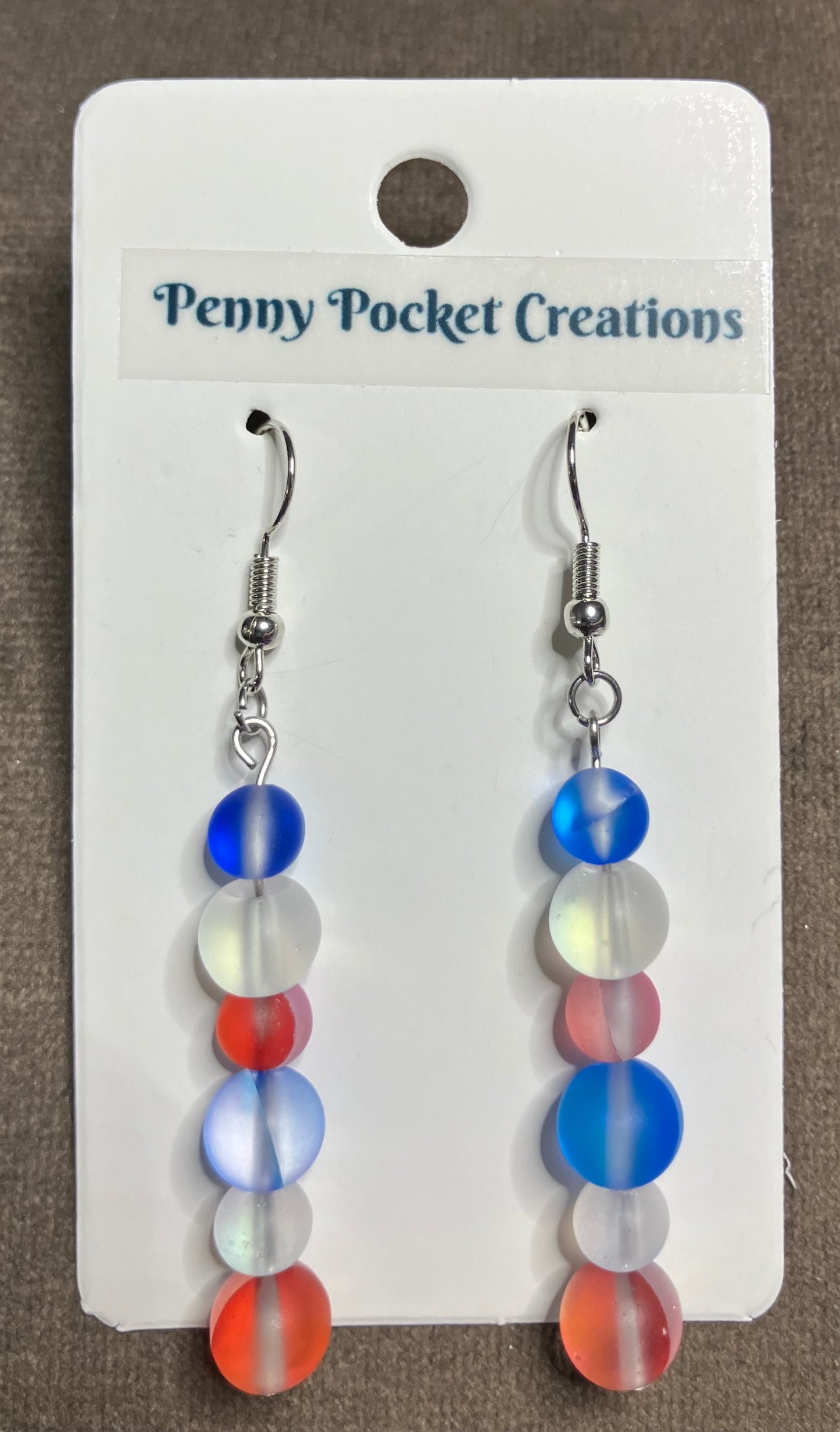 Patriotic Dangle Earrngs 3-Bead Luminous Moonstone Red White Blue