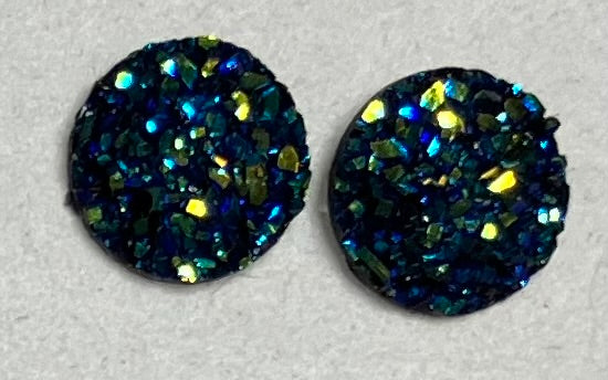 Resin 10mm Round Black Iridescent Glitter Earrings