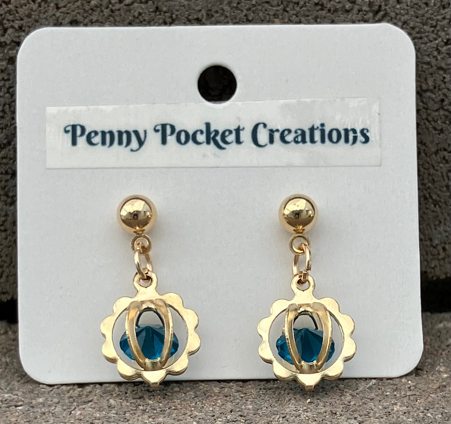 Golden 3D Flower Shaped Gem Frame Ball Post Drop Earrings
