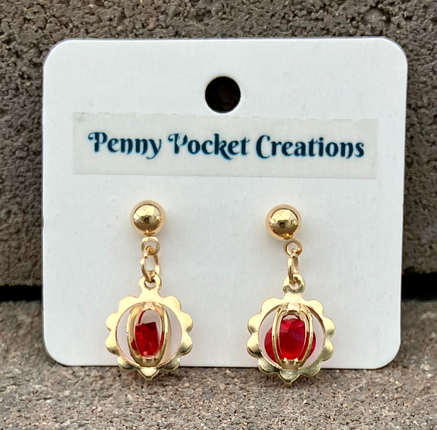Golden 3D Flower Shaped Gem Frame Ball Post Drop Earrings