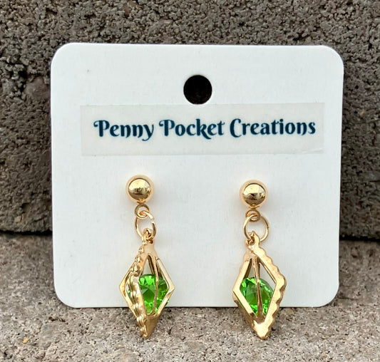 Golden 3D Diamond Shaped Gem Frame Ball Post Drop Earrings