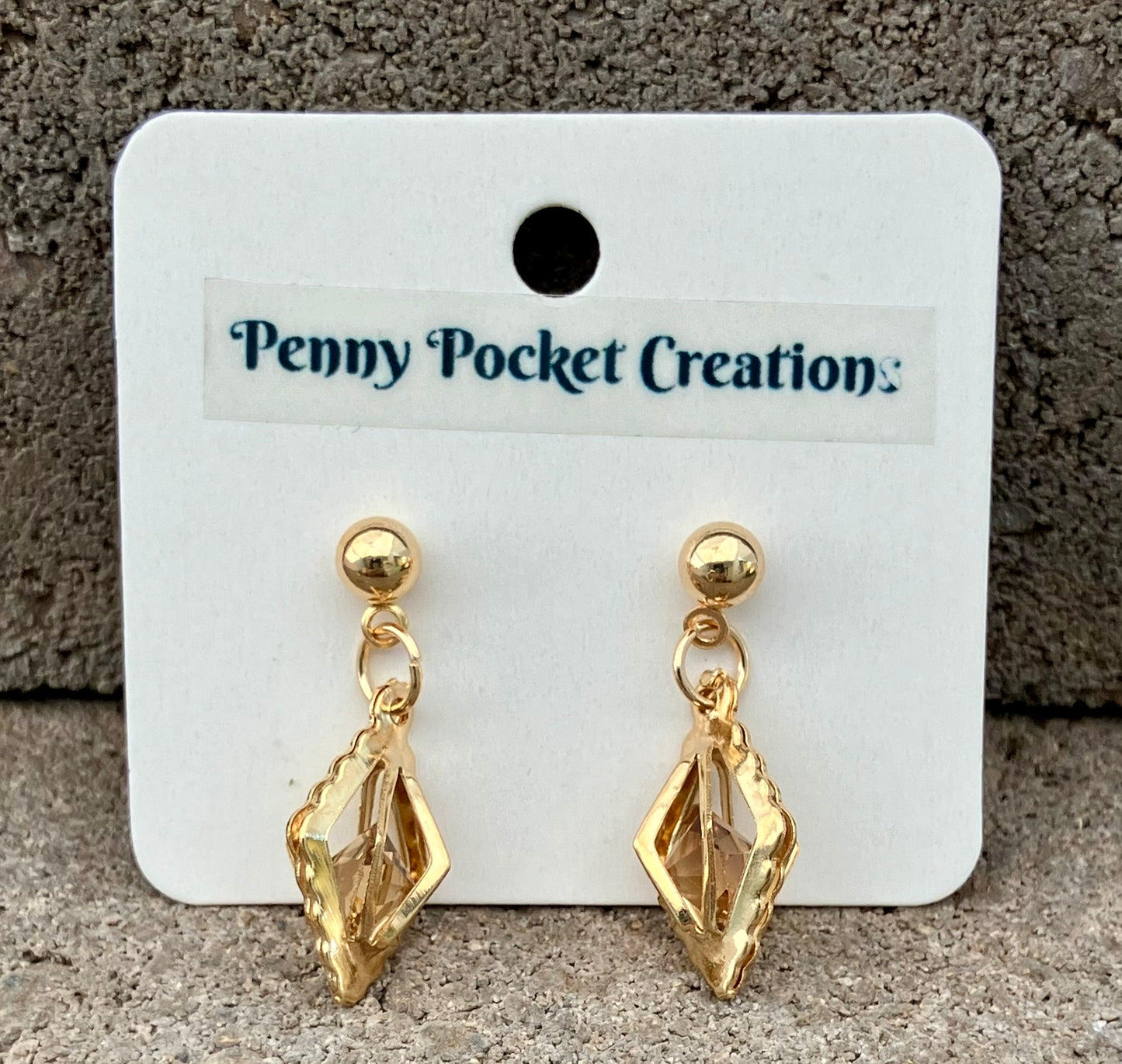 Golden 3D Diamond Shaped Gem Frame Ball Post Drop Earrings