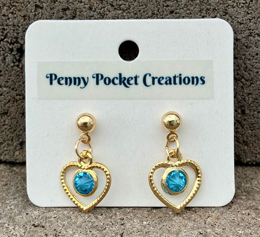 Golden Ball Post Drop Earrings Hollow Heart Colored Zircon Gem