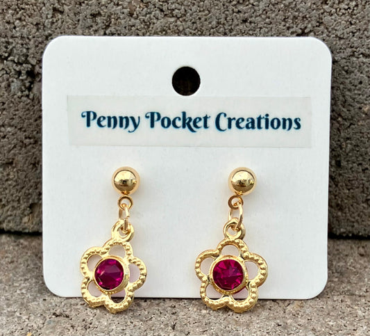 Golden Ball Post Drop Earrings Hollow Flower Colored Zircon Gem