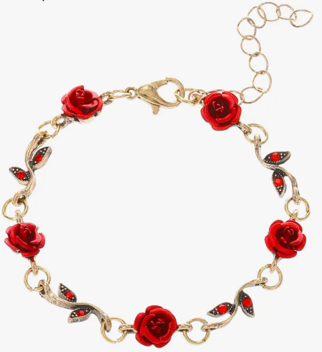 Bracelet Red Roses and Golden Leaves Connectors