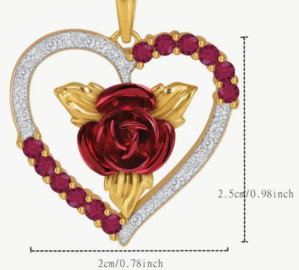 Necklace Hollow Heart Pendant with Metal Red Rose Golden Chain