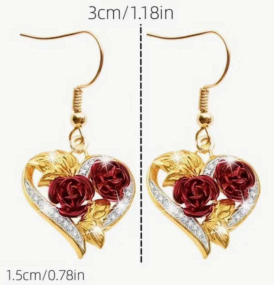 Golden Red Rose Heart Shape Dangle Earrings