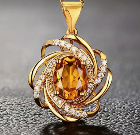 Necklace Fashion Spiral Flower Pendant Gold/Amber Gem Silver/Blue Gem