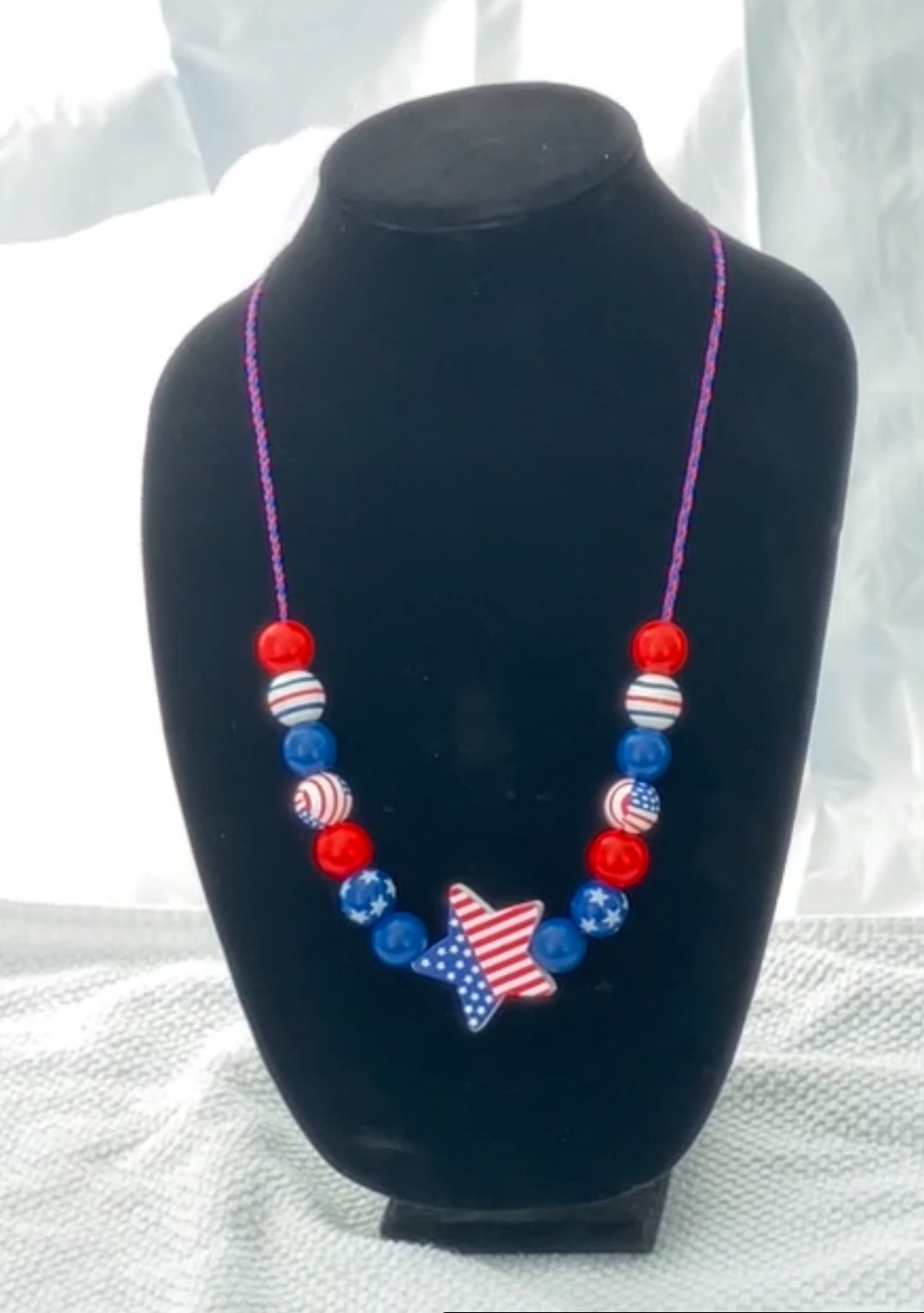 Patriotic Necklace 11 Wooden Beads Braided Cord 29-30”