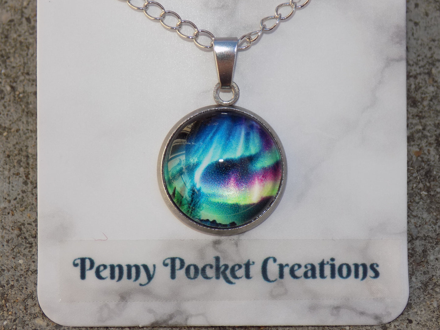 Stainless Steel 16mm Round Pendant Setting, Northern Lights Cabachon Necklace