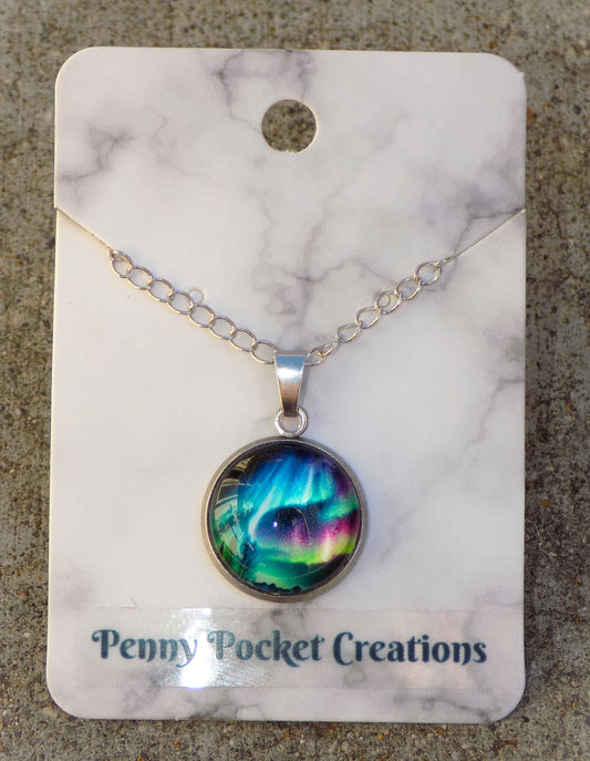 Stainless Steel 16mm Round Pendant Setting, Northern Lights Cabachon Necklace