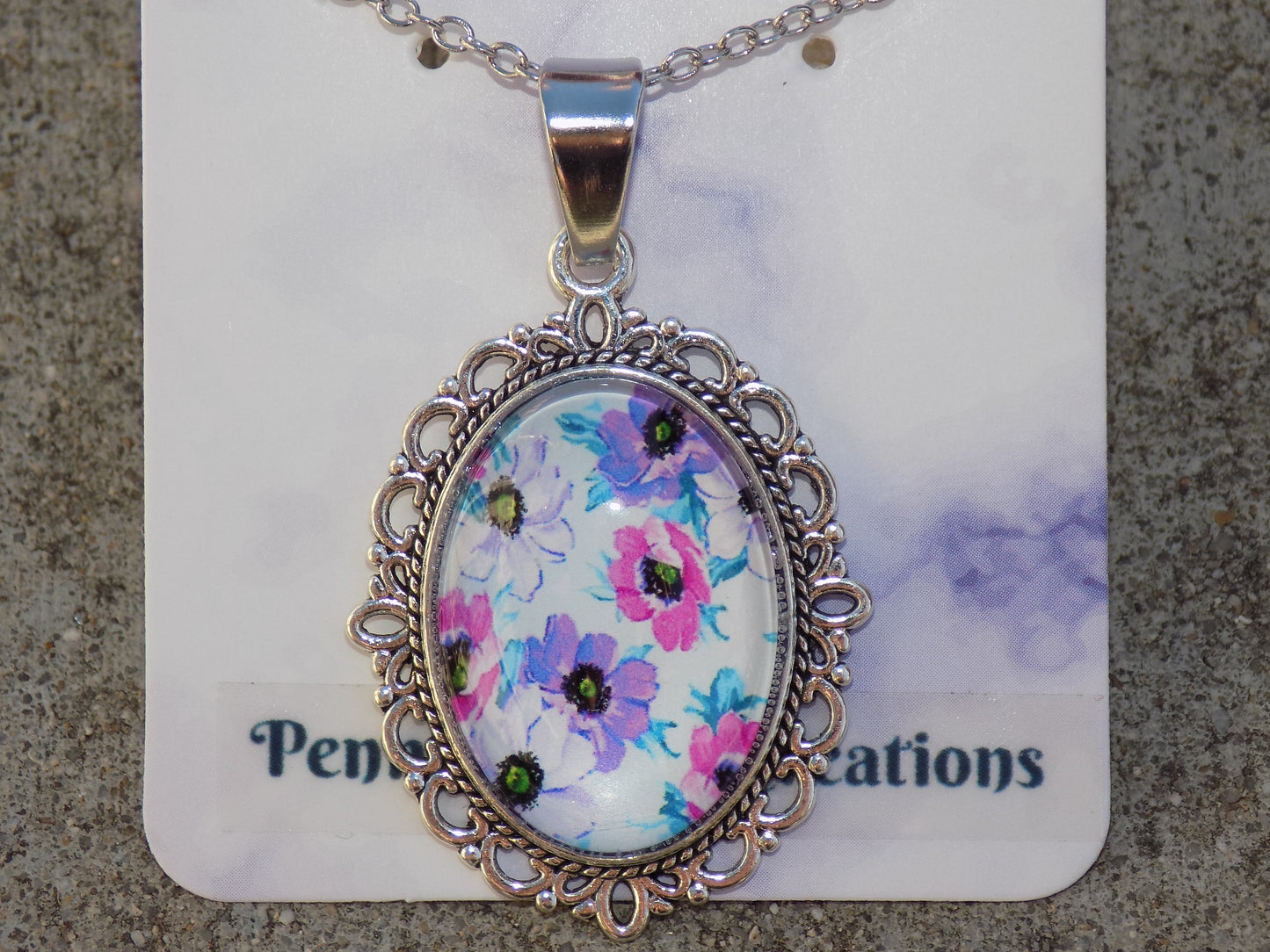 Oval Glass Dome Pendants 18x25mm Image Silvery Chain Necklace