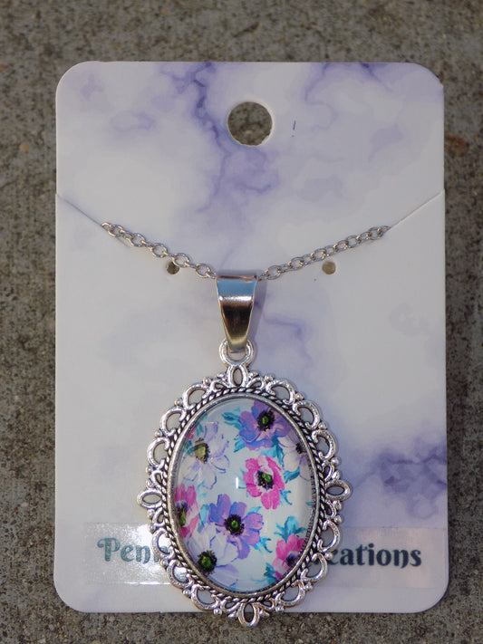 Oval Glass Dome Pendants 18x25mm Image Silvery Chain Necklace