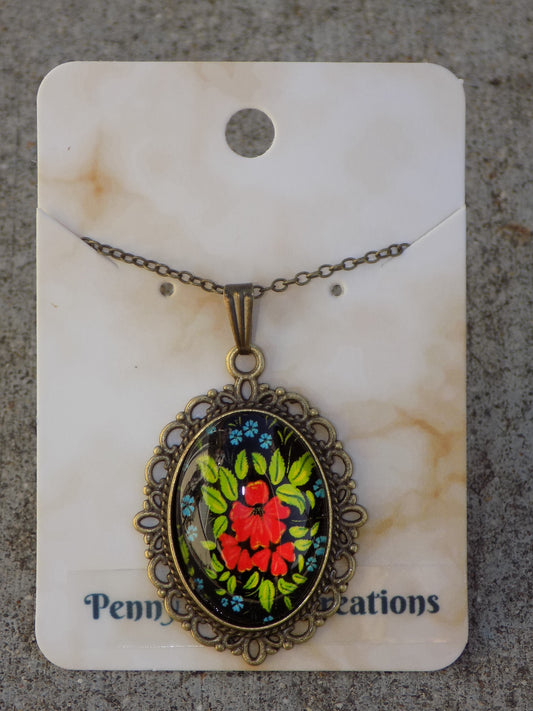 Oval Glass Dome Pendants 18x25mm Image Antique Bronze Chain/Pendant`