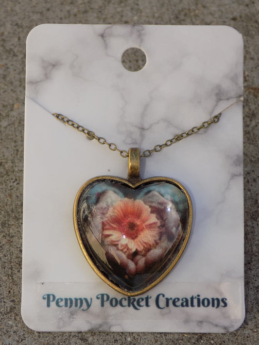 Heart Shaped Glass Dome Pendant 25mm Image Antique Bronze Chain/Pendant