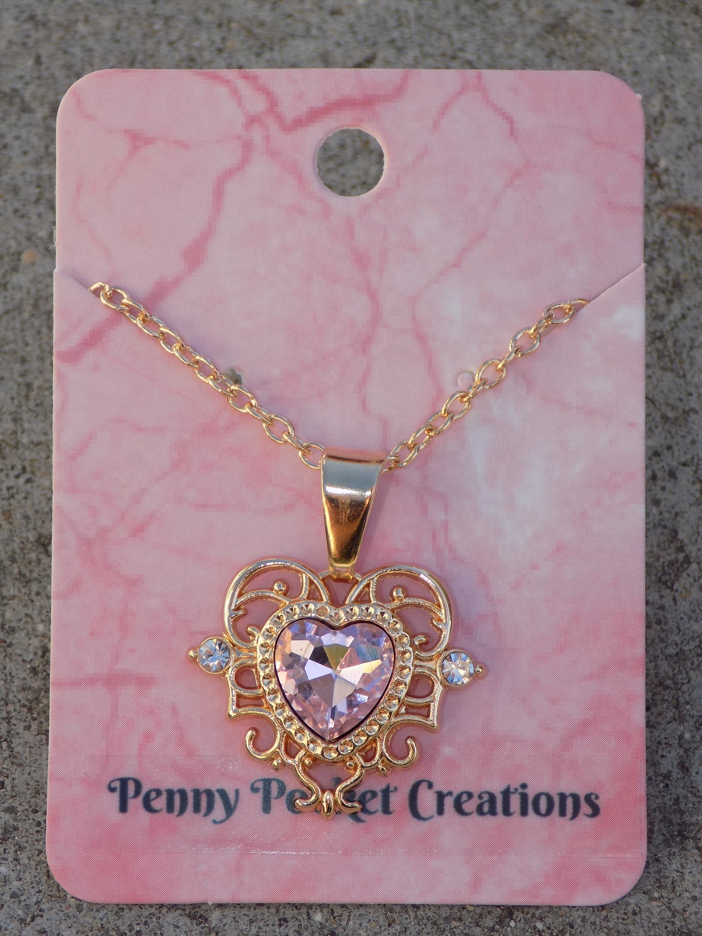 Golden Necklace 10mm Heart Faux Crystal in 22x25mm Baroque 2 Rhinestone Frame