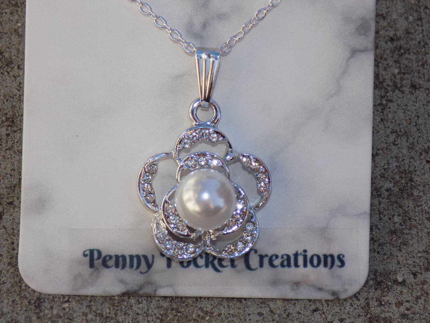 Silvery Necklace Sparkly Flower Large White Pearl Center