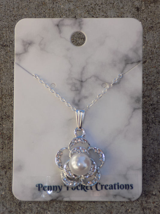 Silvery Necklace Sparkly Flower Large White Pearl Center
