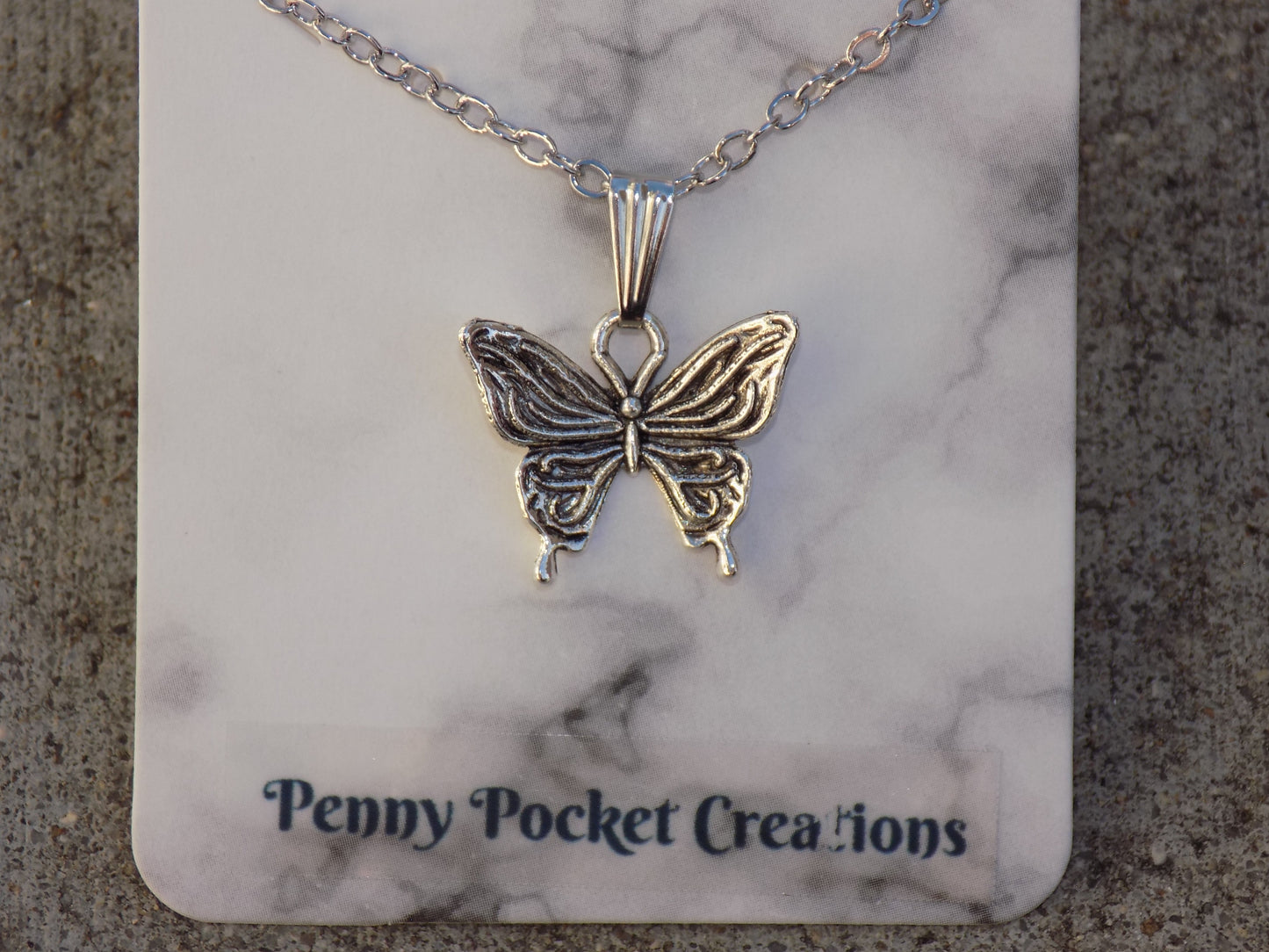Antique Silver Butterfly 18x16mm Black/Silver Wing Pendant Necklace