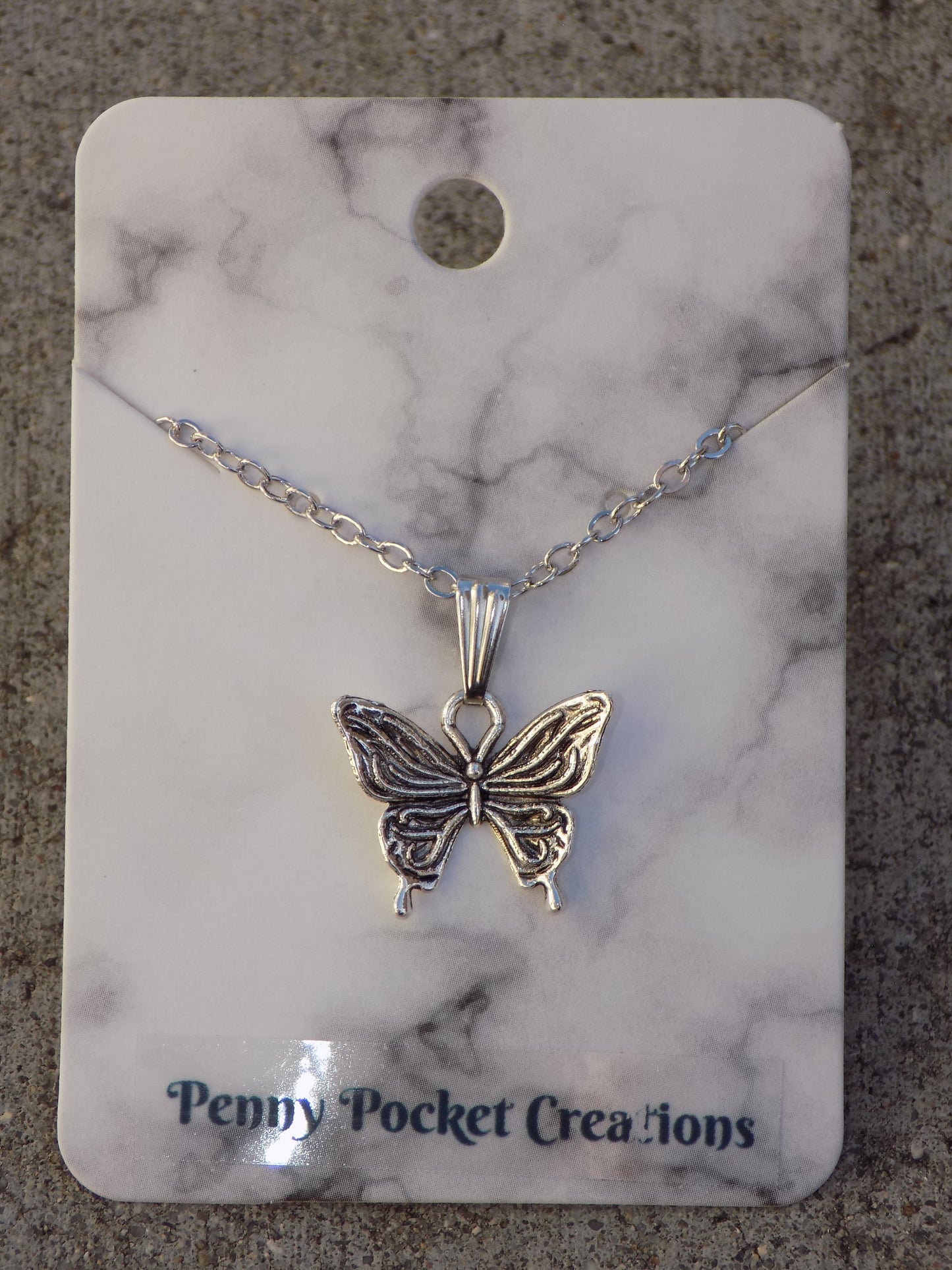 Antique Silver Butterfly 18x16mm Black/Silver Wing Pendant Necklace