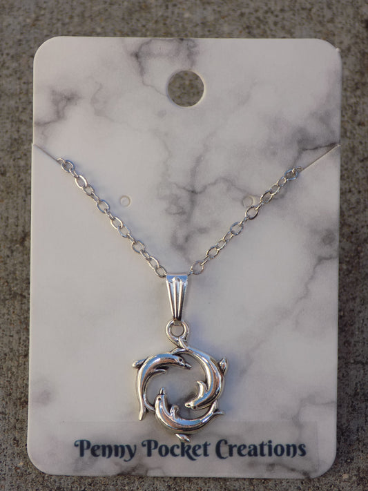 Silver Plated 16mm Triple Dolphin Circle Pendant Necklace
