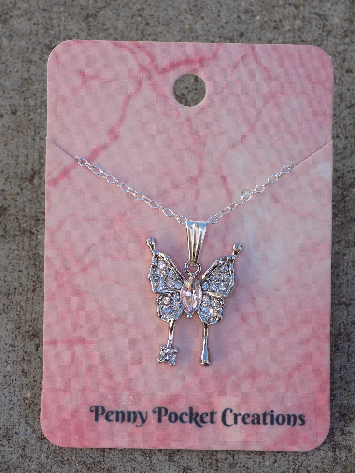 Silvery Zircon Butterfly Necklace, Light Pink Rhinestone Eye Center