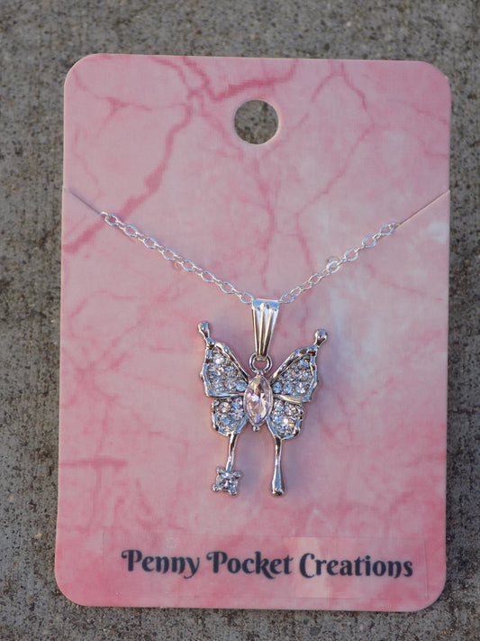 Silvery Zircon Butterfly Necklace, Light Pink Rhinestone Eye Center