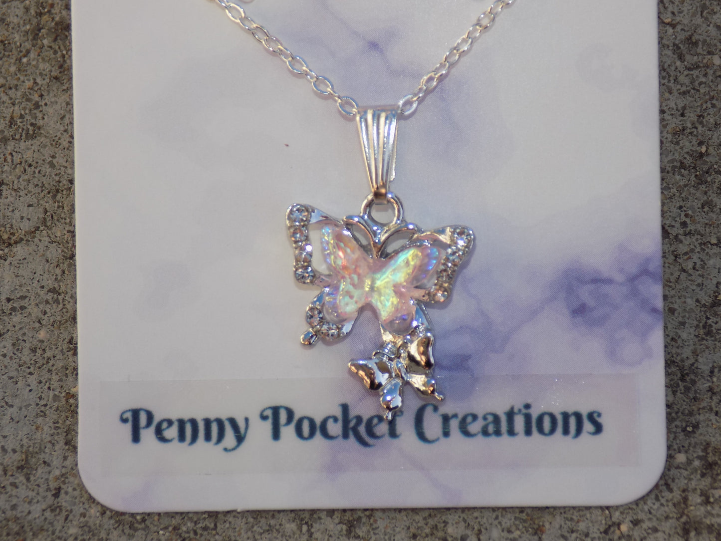 Silvery Sparkling Butterfly Necklace, Pink AB Iridescent Small Butterfly over Silver + mini