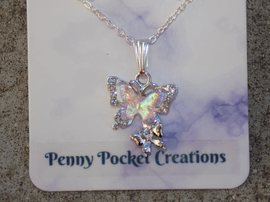 Silvery Sparkling Butterfly Necklace, Pink AB Iridescent Small Butterfly over Silver + mini