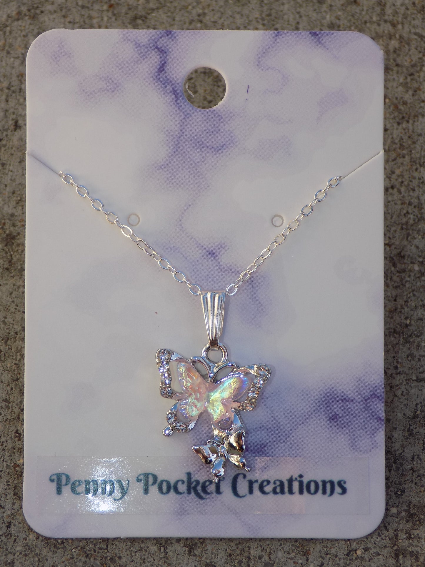 Silvery Sparkling Butterfly Necklace, Pink AB Iridescent Small Butterfly over Silver + mini