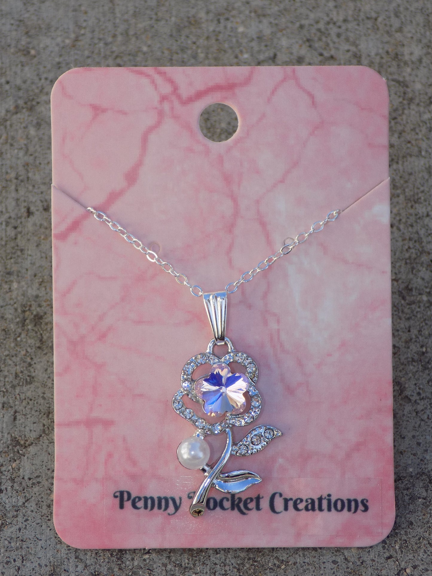Stemmed Rose Flower Necklace, Flower Shaped Pink Rhinestone, Gold and Silver oiptions