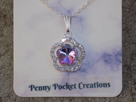 Silvery Necklace Sparkly Flower Frame Purple/Blue Flower Rhinestone Center