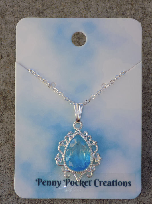 Silvery Plated Necklace Gradient Color Teardrop Faux Crystal in Filigree Frame
