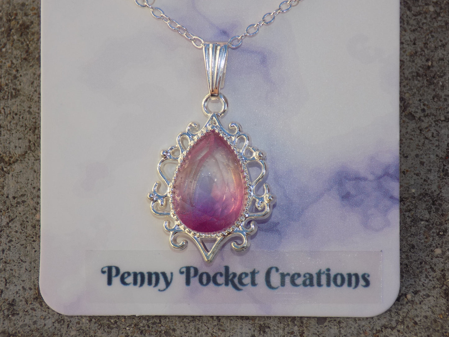 Silvery Plated Necklace Gradient Color Teardrop Faux Crystal in Filigree Frame