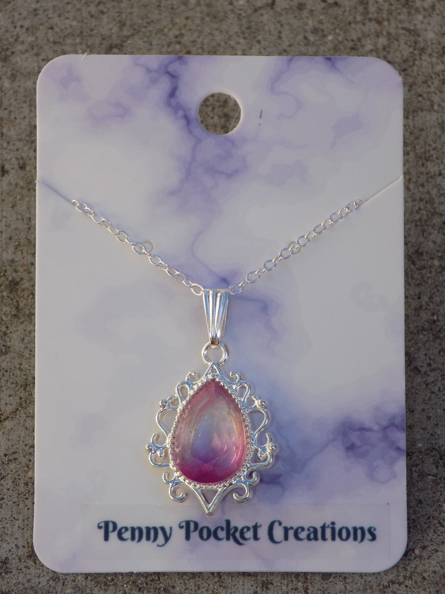 Silvery Plated Necklace Gradient Color Teardrop Faux Crystal in Filigree Frame