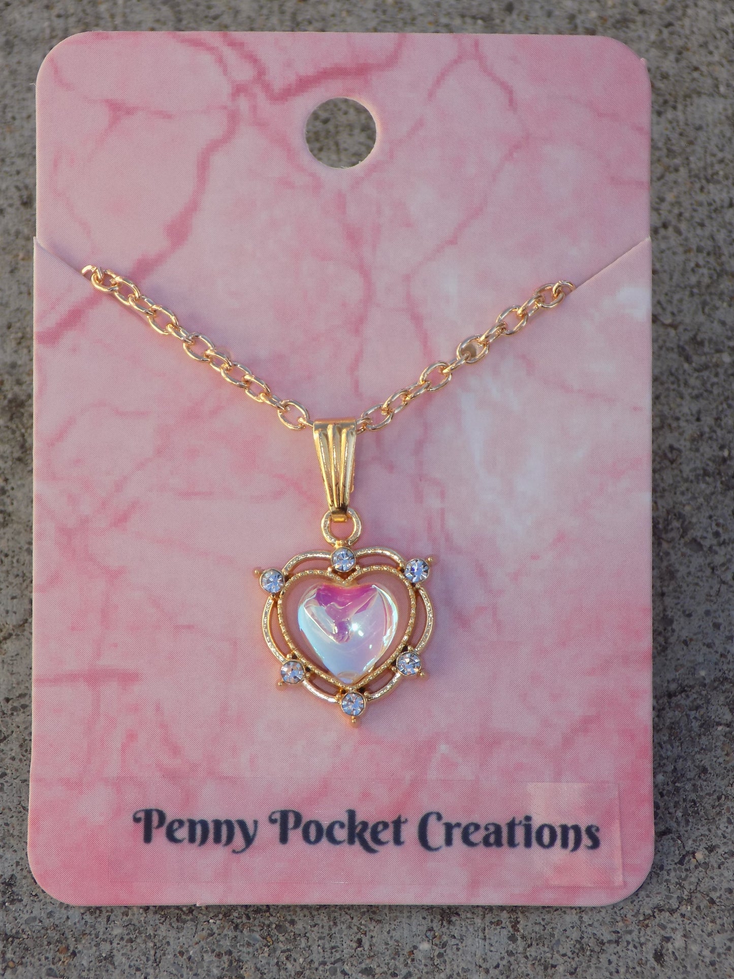 Golden Double Wire Frame Rhinestone Color-Shifting Center Heart Necklace