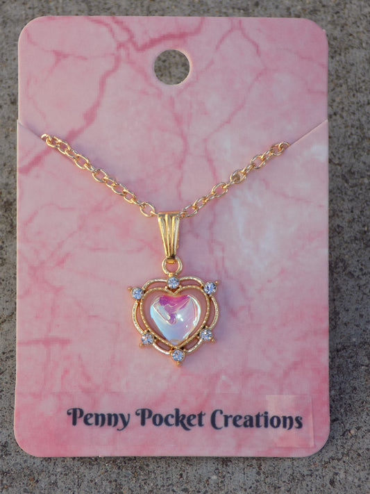 Golden Double Wire Frame Rhinestone Color-Shifting Center Heart Necklace