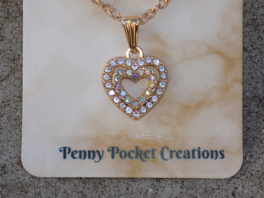 Golden Double Open Heart Rhinestone Pendant Necklace