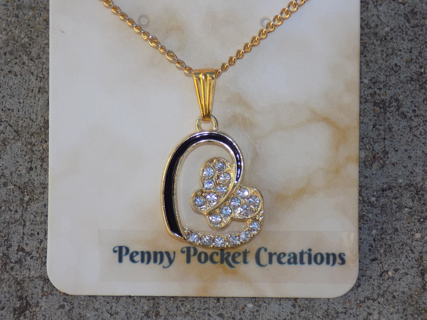 Necklace Sparkly Rhinestone Enamel Heart Butterfly Pendant Silver and Golden