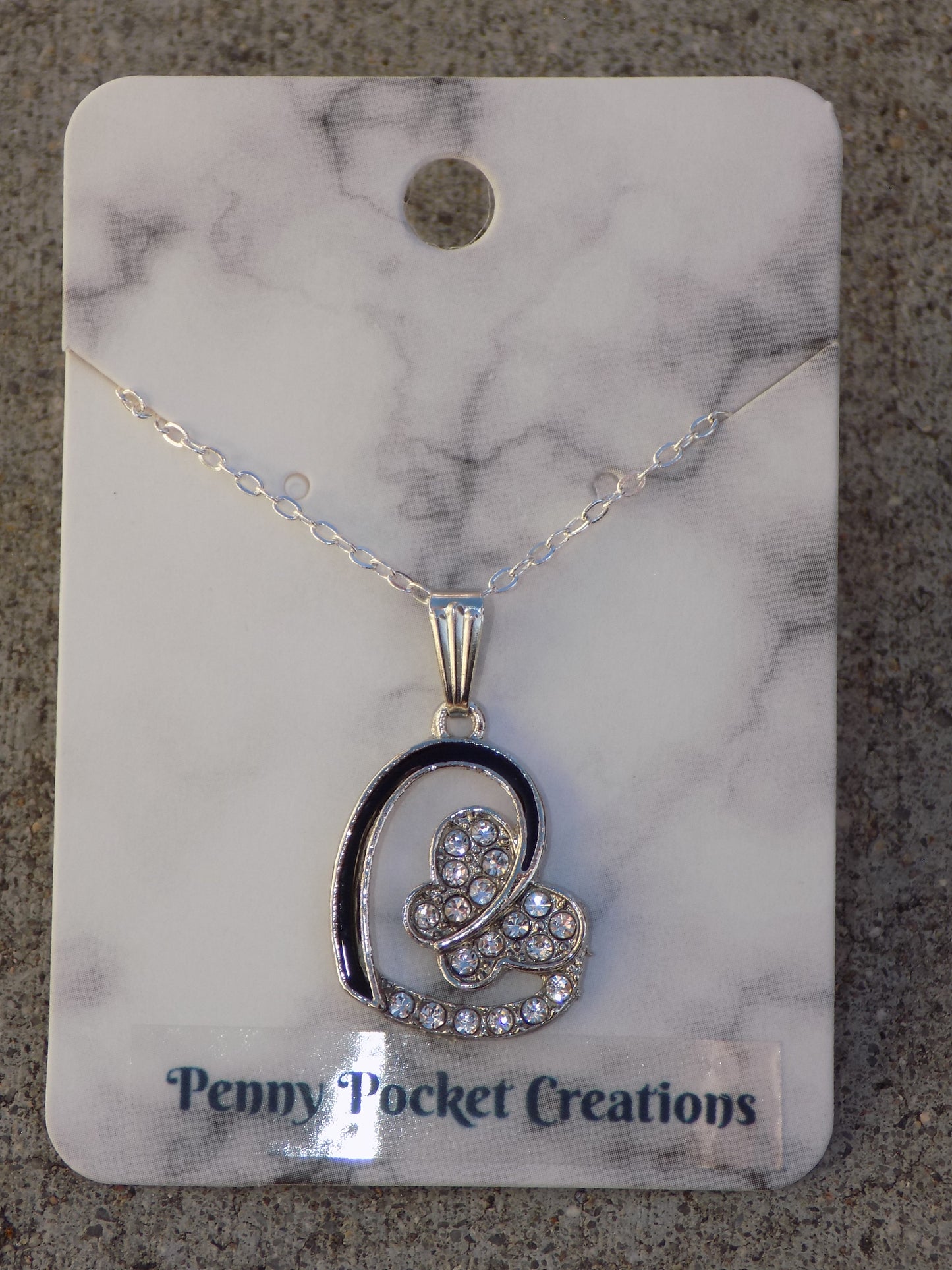 Necklace Sparkly Rhinestone Enamel Heart Butterfly Pendant Silver and Golden