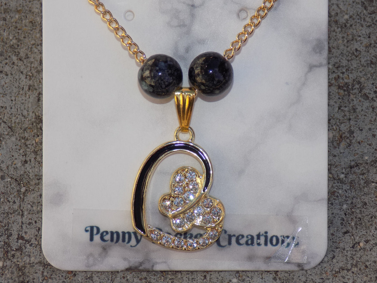 Necklace Sparkly Rhinestone Enamel Heart Butterfly Pendant Silver and Golden