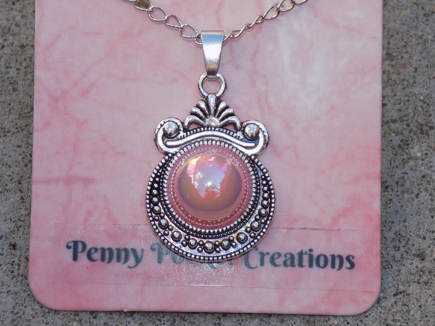 Antique Silver Necklace 12mm Pearlescent Resin Cabachon