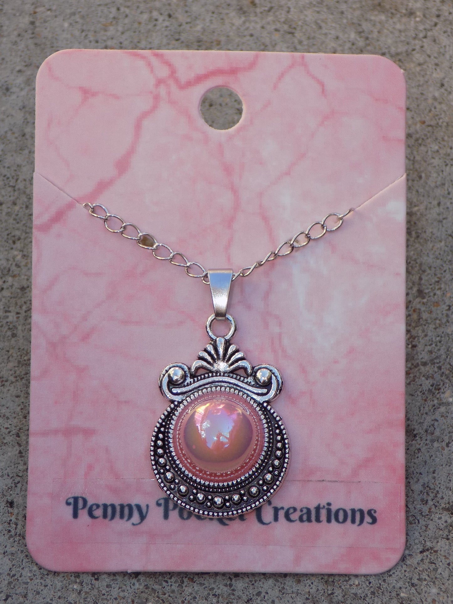 Antique Silver Necklace 12mm Pearlescent Resin Cabachon